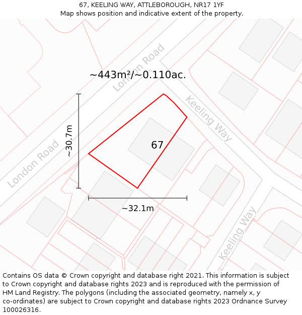 67, KEELING WAY, ATTLEBOROUGH, NR17 1YF: Plot and title map