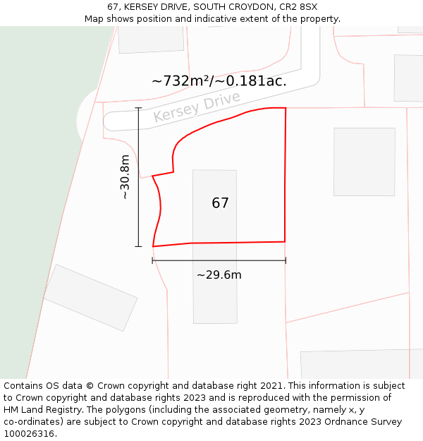67, KERSEY DRIVE, SOUTH CROYDON, CR2 8SX: Plot and title map