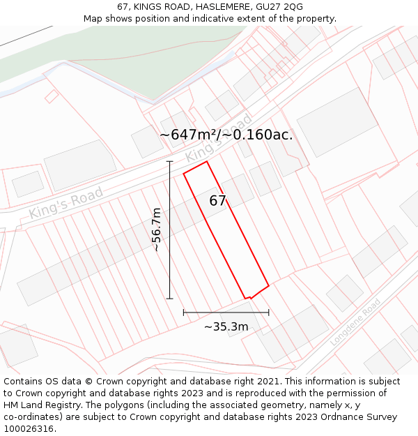 67, KINGS ROAD, HASLEMERE, GU27 2QG: Plot and title map