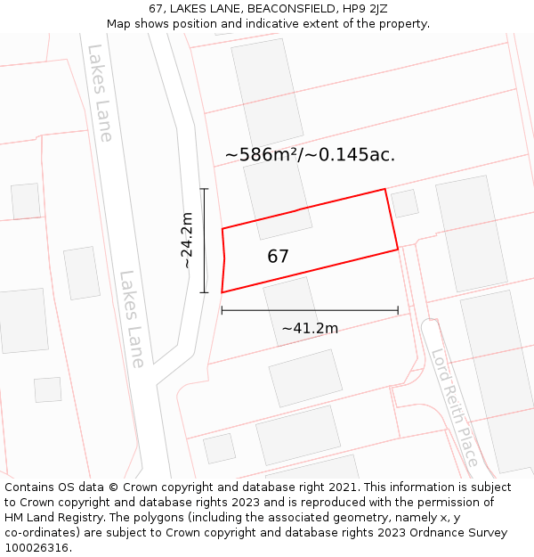 67, LAKES LANE, BEACONSFIELD, HP9 2JZ: Plot and title map