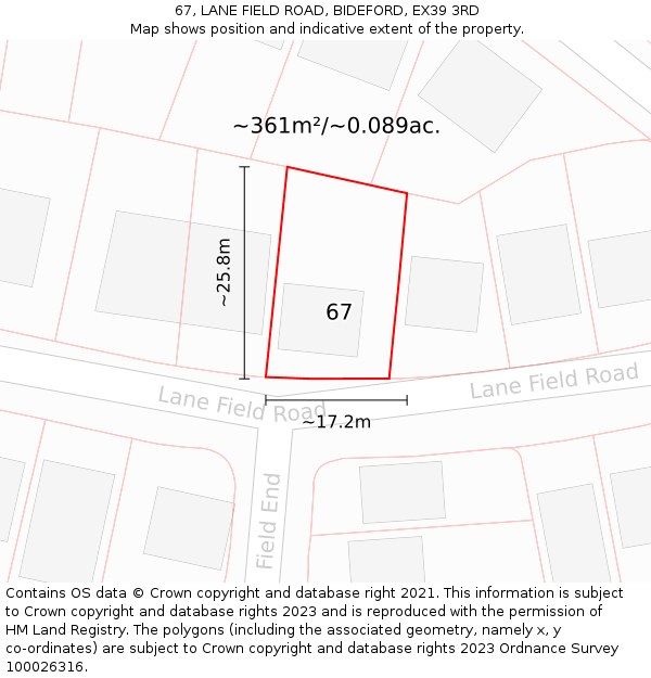 67, LANE FIELD ROAD, BIDEFORD, EX39 3RD: Plot and title map