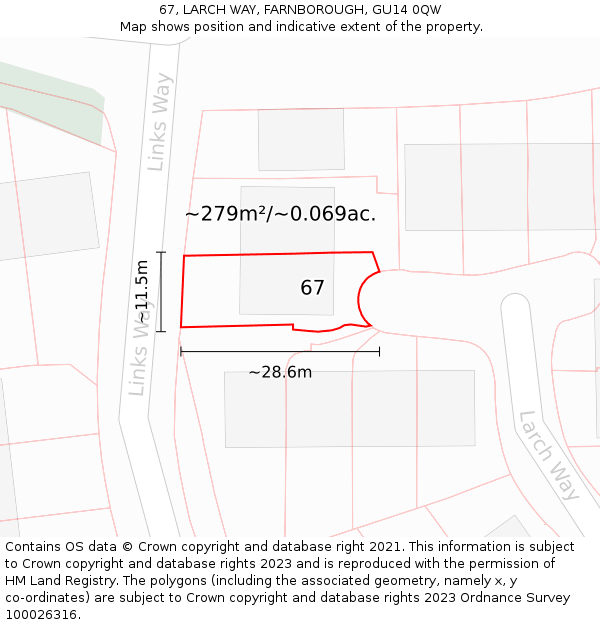 67, LARCH WAY, FARNBOROUGH, GU14 0QW: Plot and title map