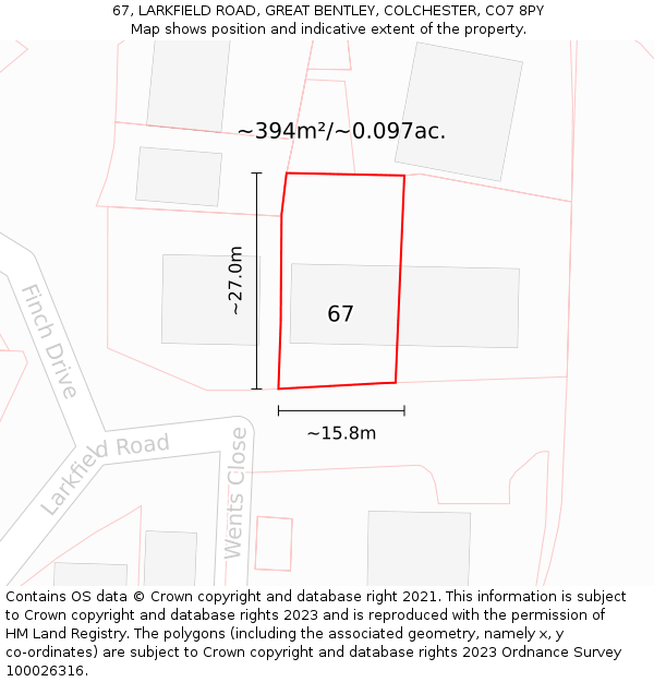 67, LARKFIELD ROAD, GREAT BENTLEY, COLCHESTER, CO7 8PY: Plot and title map