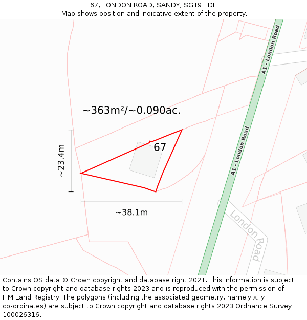 67, LONDON ROAD, SANDY, SG19 1DH: Plot and title map