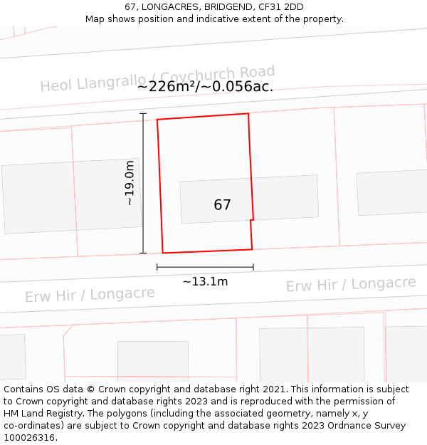 67, LONGACRES, BRIDGEND, CF31 2DD: Plot and title map