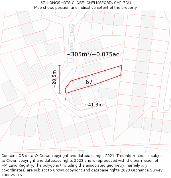 67, LONGSHOTS CLOSE, CHELMSFORD, CM1 7DU: Plot and title map