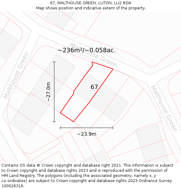 67, MALTHOUSE GREEN, LUTON, LU2 8SW: Plot and title map