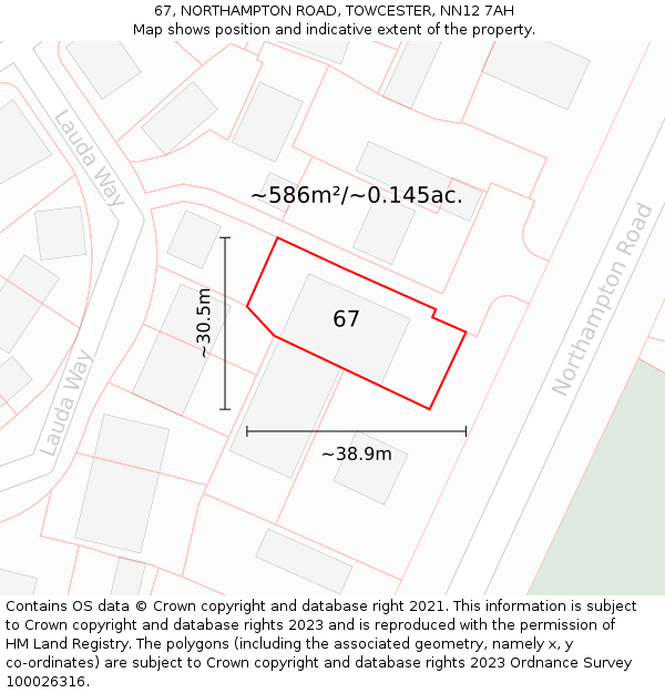 67, NORTHAMPTON ROAD, TOWCESTER, NN12 7AH: Plot and title map