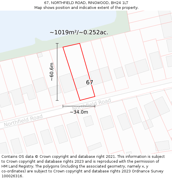 67, NORTHFIELD ROAD, RINGWOOD, BH24 1LT: Plot and title map