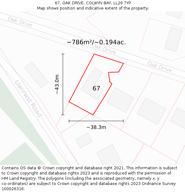 67, OAK DRIVE, COLWYN BAY, LL29 7YP: Plot and title map