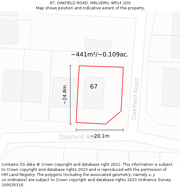 67, OAKFIELD ROAD, MALVERN, WR14 1DS: Plot and title map