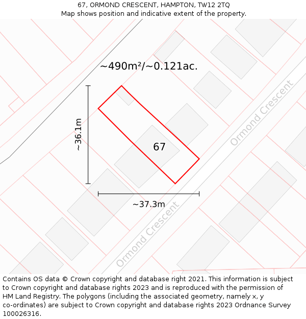 67, ORMOND CRESCENT, HAMPTON, TW12 2TQ: Plot and title map