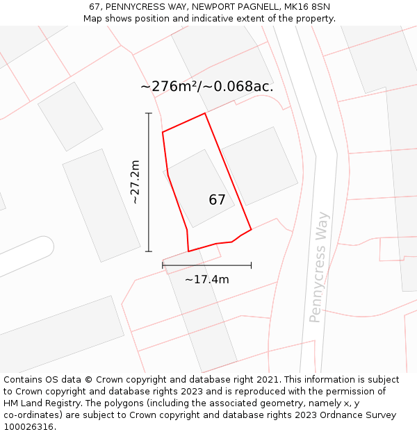 67, PENNYCRESS WAY, NEWPORT PAGNELL, MK16 8SN: Plot and title map