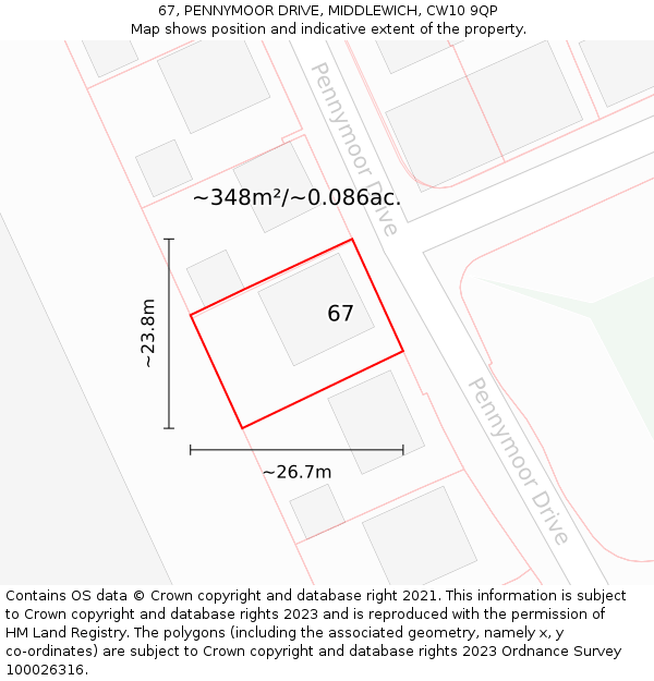 67, PENNYMOOR DRIVE, MIDDLEWICH, CW10 9QP: Plot and title map