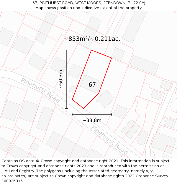 67, PINEHURST ROAD, WEST MOORS, FERNDOWN, BH22 0AJ: Plot and title map