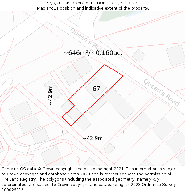 67, QUEENS ROAD, ATTLEBOROUGH, NR17 2BL: Plot and title map