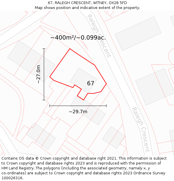 67, RALEGH CRESCENT, WITNEY, OX28 5FD: Plot and title map