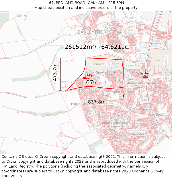 67, REDLAND ROAD, OAKHAM, LE15 6PH: Plot and title map