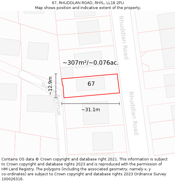 67, RHUDDLAN ROAD, RHYL, LL18 2PU: Plot and title map