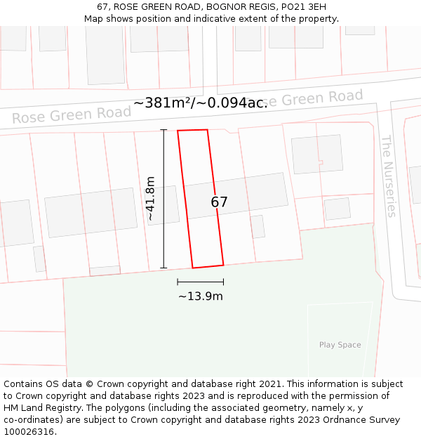 67, ROSE GREEN ROAD, BOGNOR REGIS, PO21 3EH: Plot and title map