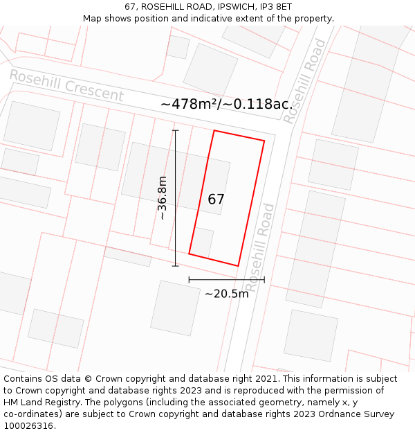 67, ROSEHILL ROAD, IPSWICH, IP3 8ET: Plot and title map