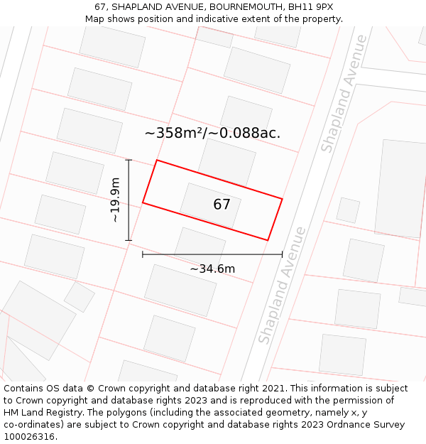 67, SHAPLAND AVENUE, BOURNEMOUTH, BH11 9PX: Plot and title map
