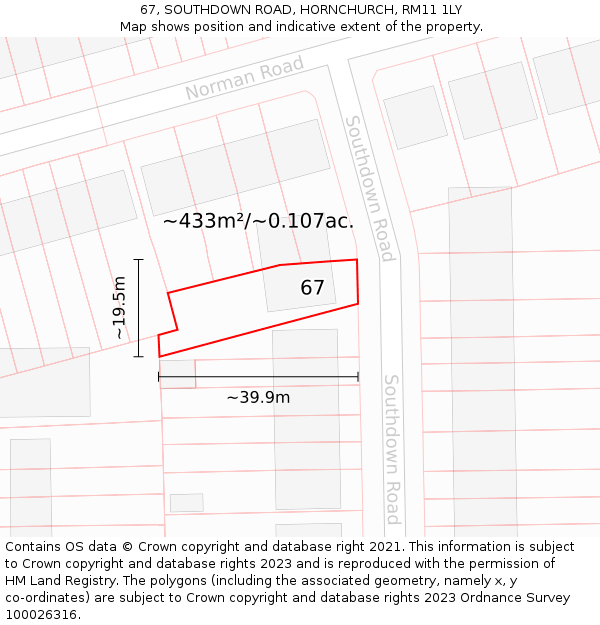 67, SOUTHDOWN ROAD, HORNCHURCH, RM11 1LY: Plot and title map