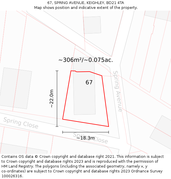 67, SPRING AVENUE, KEIGHLEY, BD21 4TA: Plot and title map