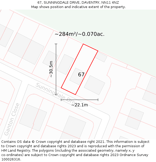 67, SUNNINGDALE DRIVE, DAVENTRY, NN11 4NZ: Plot and title map