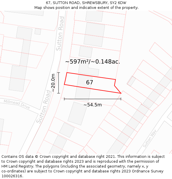 67, SUTTON ROAD, SHREWSBURY, SY2 6DW: Plot and title map