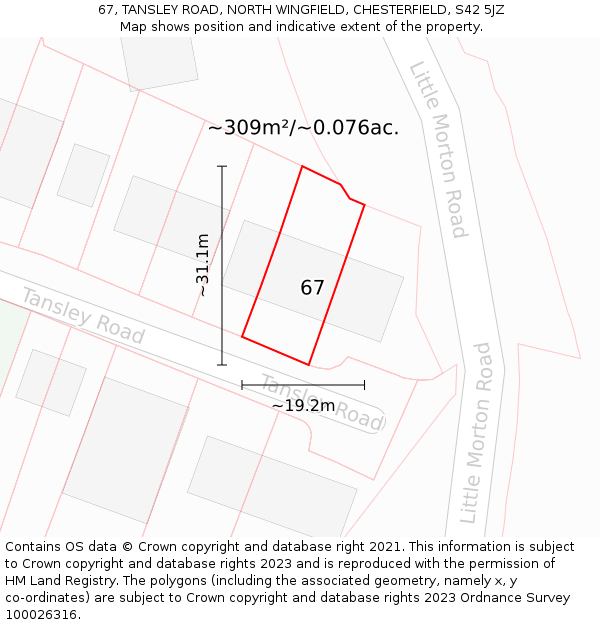 67, TANSLEY ROAD, NORTH WINGFIELD, CHESTERFIELD, S42 5JZ: Plot and title map