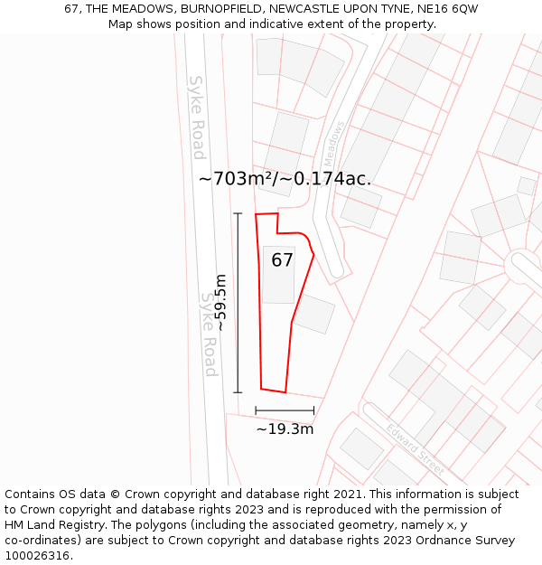 67, THE MEADOWS, BURNOPFIELD, NEWCASTLE UPON TYNE, NE16 6QW: Plot and title map