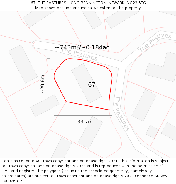 67, THE PASTURES, LONG BENNINGTON, NEWARK, NG23 5EG: Plot and title map