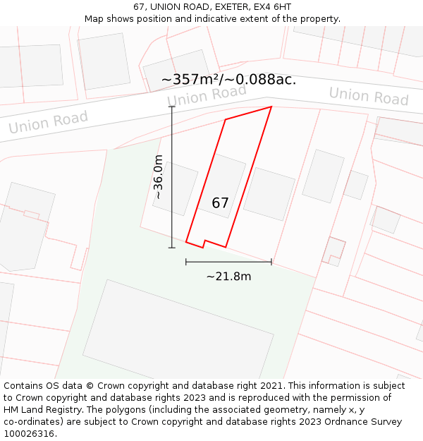 67, UNION ROAD, EXETER, EX4 6HT: Plot and title map