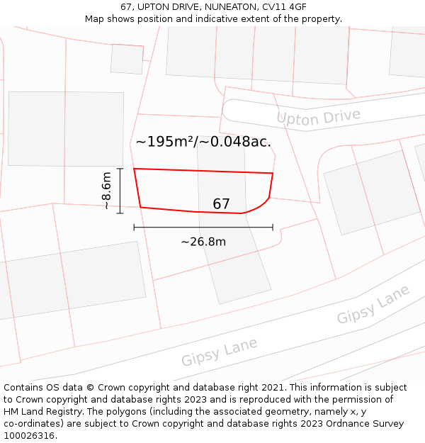 67, UPTON DRIVE, NUNEATON, CV11 4GF: Plot and title map