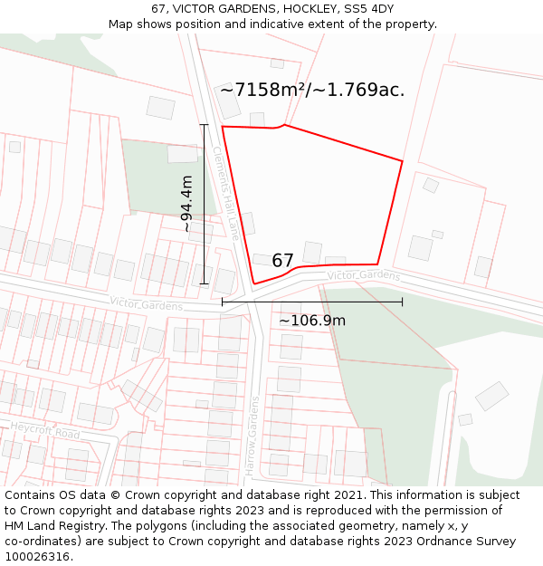 67, VICTOR GARDENS, HOCKLEY, SS5 4DY: Plot and title map