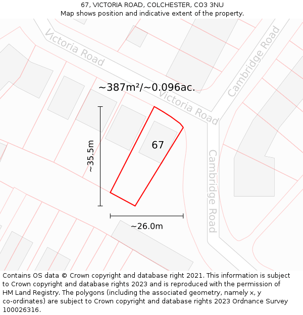 67, VICTORIA ROAD, COLCHESTER, CO3 3NU: Plot and title map