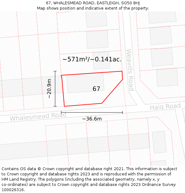 67, WHALESMEAD ROAD, EASTLEIGH, SO50 8HJ: Plot and title map