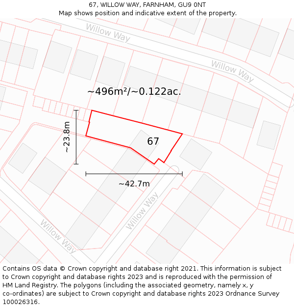 67, WILLOW WAY, FARNHAM, GU9 0NT: Plot and title map