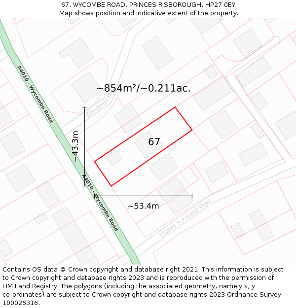 67, WYCOMBE ROAD, PRINCES RISBOROUGH, HP27 0EY: Plot and title map