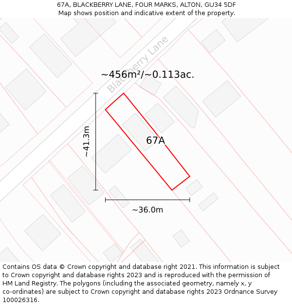 67A, BLACKBERRY LANE, FOUR MARKS, ALTON, GU34 5DF: Plot and title map