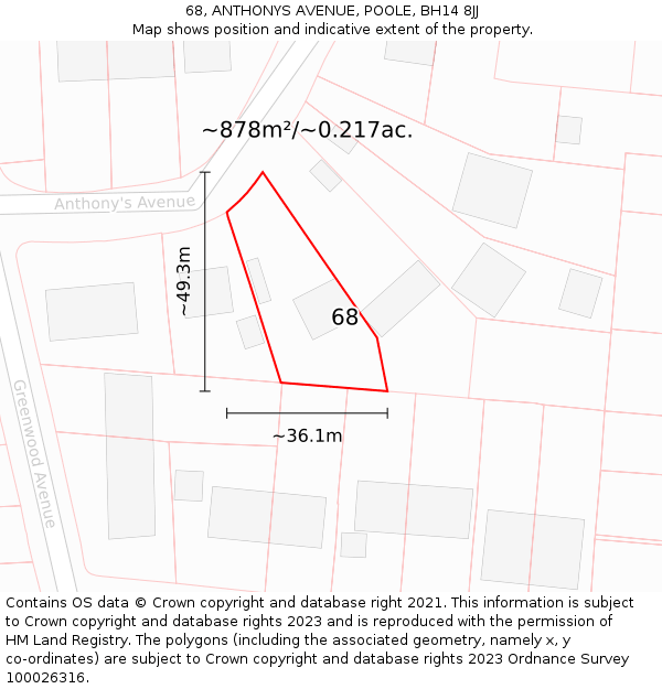 68, ANTHONYS AVENUE, POOLE, BH14 8JJ: Plot and title map