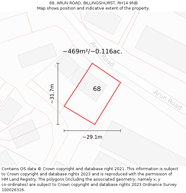 68, ARUN ROAD, BILLINGSHURST, RH14 9NB: Plot and title map