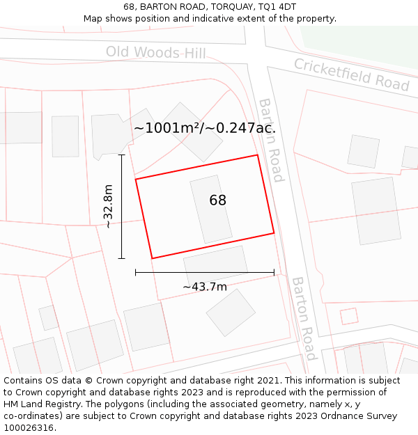 68, BARTON ROAD, TORQUAY, TQ1 4DT: Plot and title map