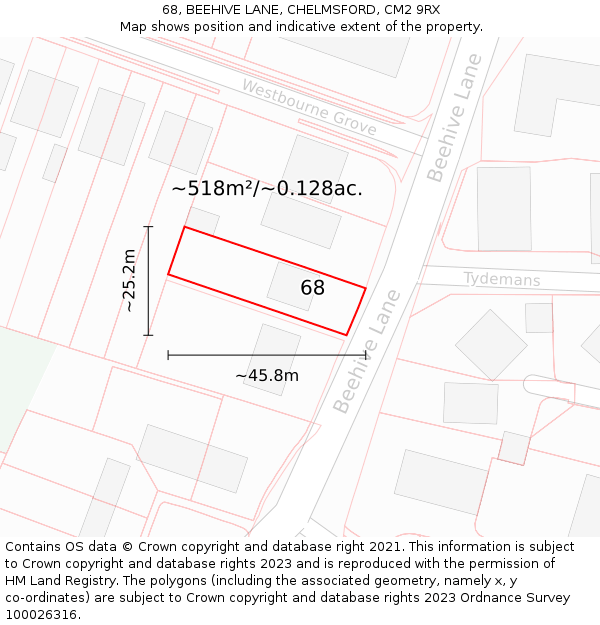 68, BEEHIVE LANE, CHELMSFORD, CM2 9RX: Plot and title map