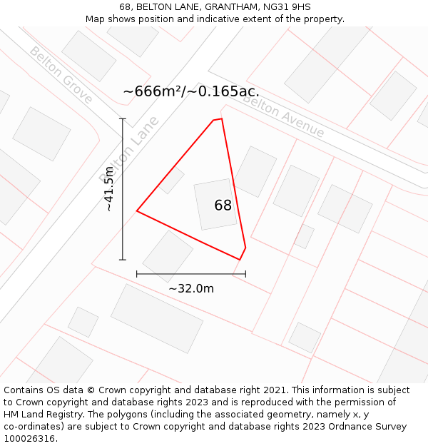 68, BELTON LANE, GRANTHAM, NG31 9HS: Plot and title map