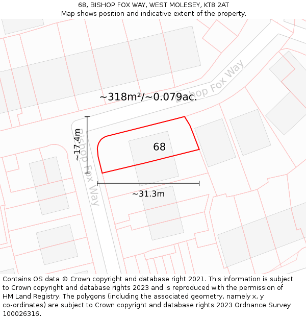 68, BISHOP FOX WAY, WEST MOLESEY, KT8 2AT: Plot and title map