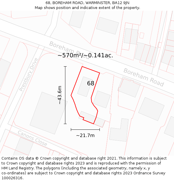 68, BOREHAM ROAD, WARMINSTER, BA12 9JN: Plot and title map