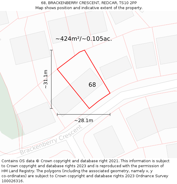 68, BRACKENBERRY CRESCENT, REDCAR, TS10 2PP: Plot and title map