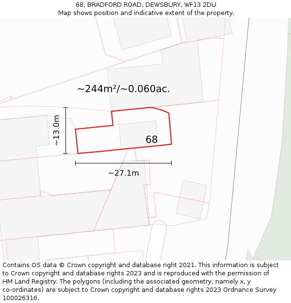 68, BRADFORD ROAD, DEWSBURY, WF13 2DU: Plot and title map